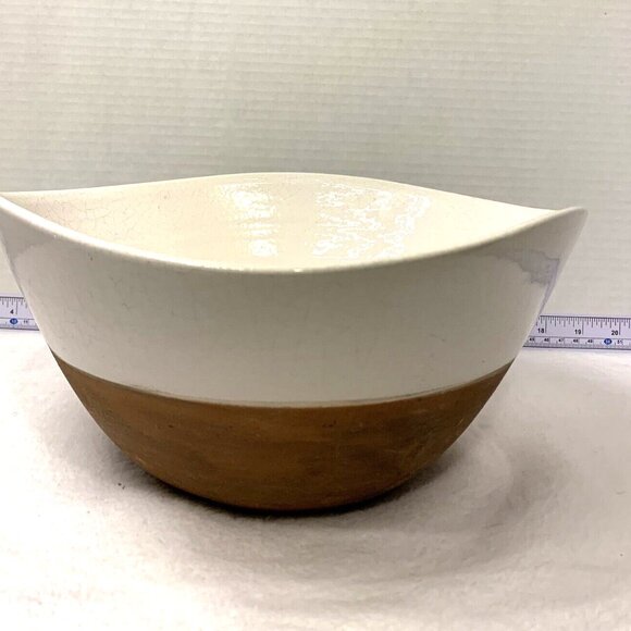 Large White & Brown Ceramic Oval Bowl Decorative Modern Natural/Rustic Decor - Picture 1 of 5